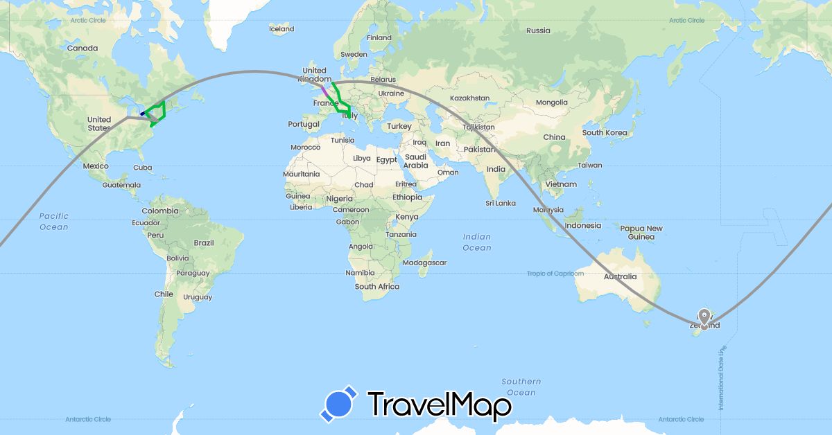 TravelMap itinerary: driving, bus, plane, train in Canada, Switzerland, Germany, France, United Kingdom, Italy, Netherlands, New Zealand, Singapore, United States (Asia, Europe, North America, Oceania)